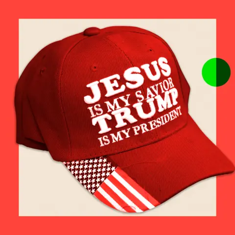 BBC A red baseball cap emblazoned with the words: Jesus is my savior, Trump is my president