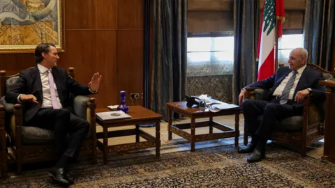 Reuters US envoy Amos Hochstein (L) meets Lebanese Parliament Speaker Nabih Berri (R) in Beirut, Lebanon (20 November 2024)