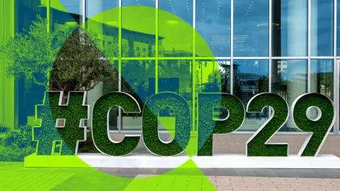 Getty Images A branded image showing the free standing logo for COP29 overlaid with a green abstract pattern